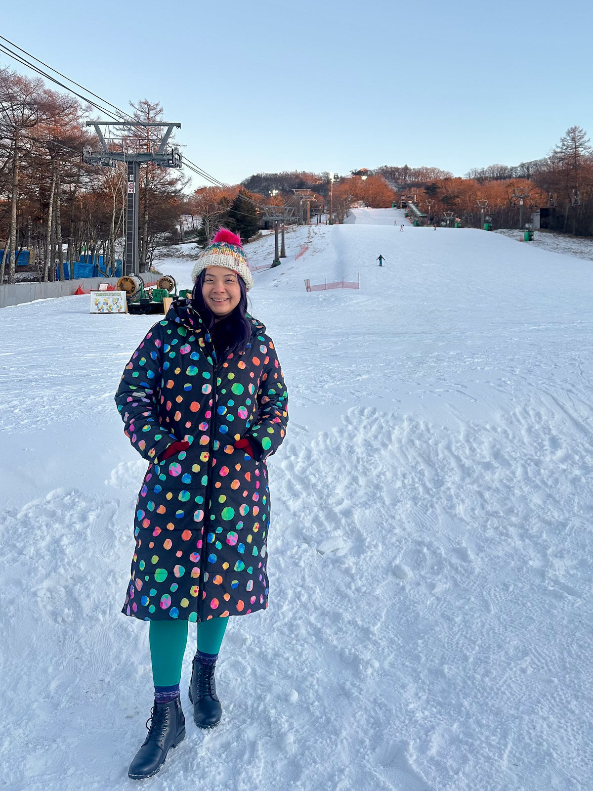 Night Polka Longline Hooded Puffer Jacket - longline puffer jacket for the snow