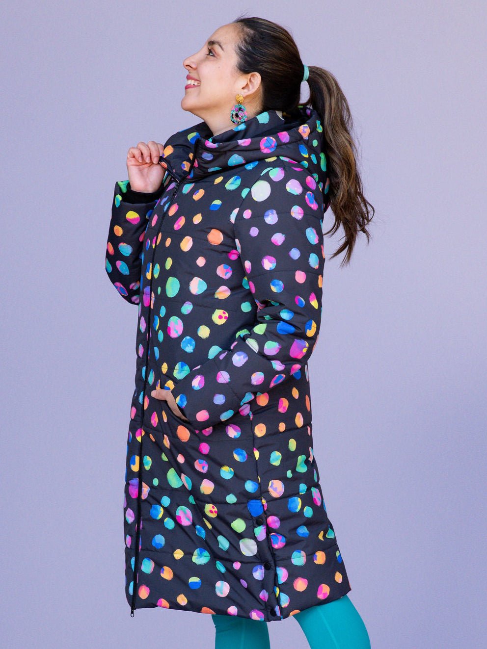 Night Polka Longline Hooded Puffer Jacket -Colourful polka dot longline puffer jacket warm waterproof coat