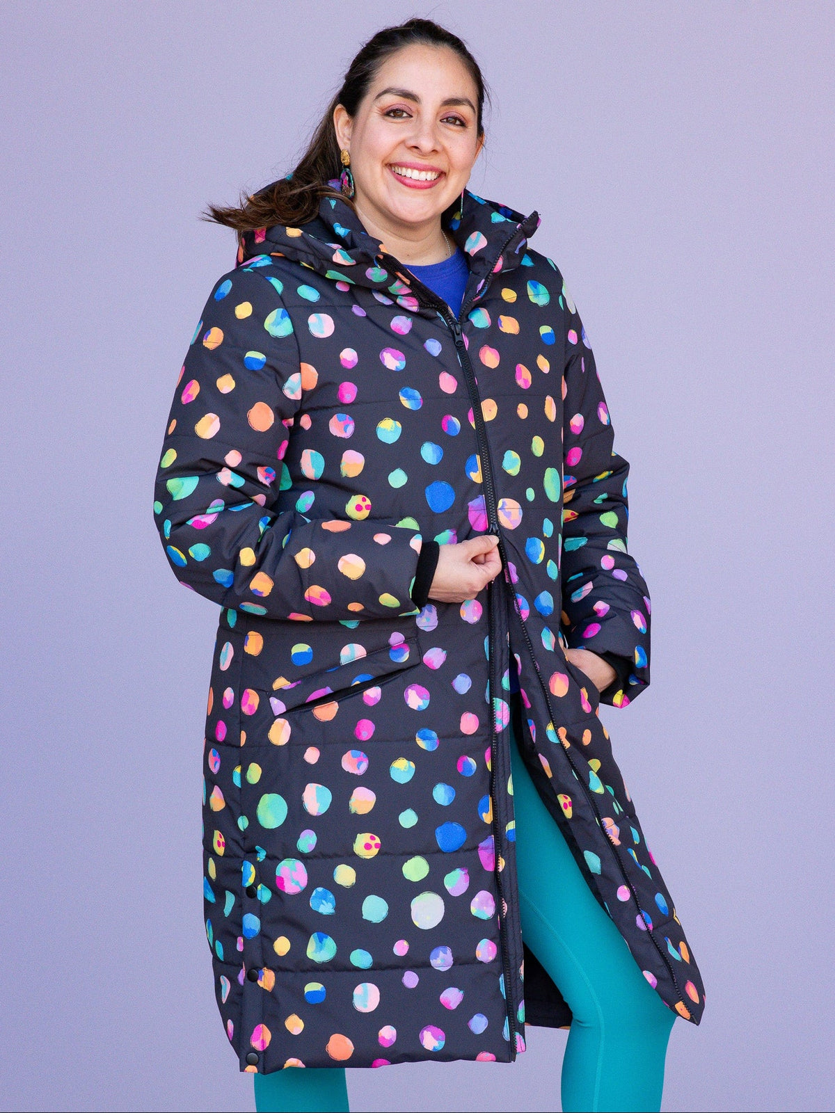 Night Polka Longline Hooded Puffer Jacket - Longline puffer jacket with hood warm insulated winter coat