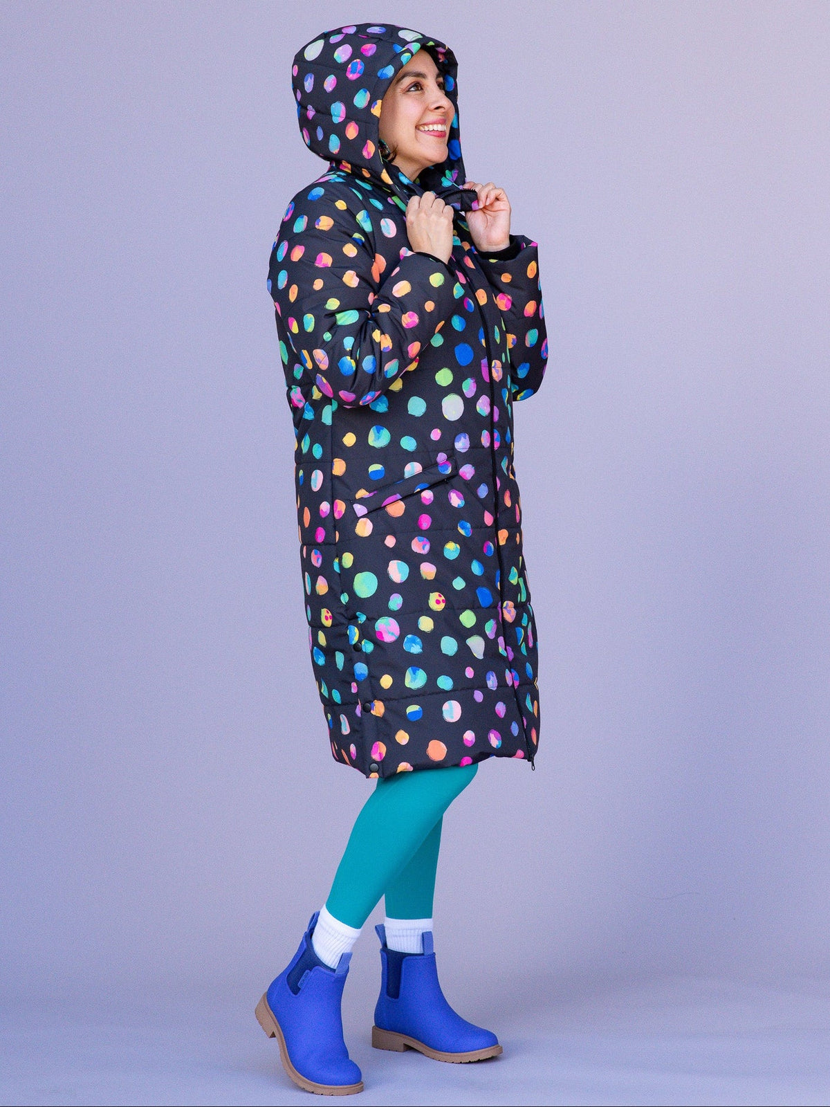 Night Polka Longline Hooded Puffer Jacket - Petite friendly longline puffer jacket warm winter outerwear with hood
