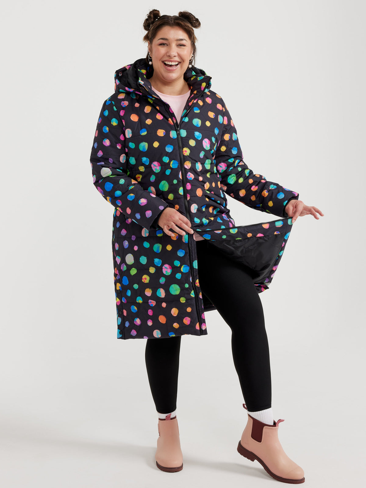 Night Polka Longline Hooded Puffer Jacket