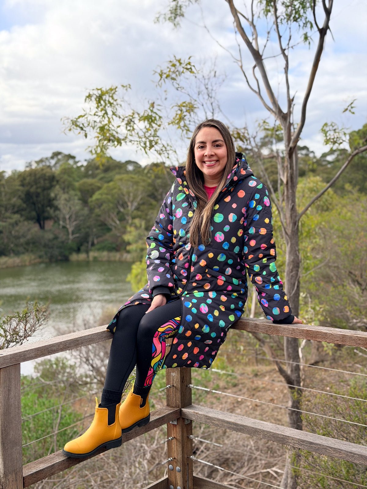Night Polka Longline Hooded Puffer Jacket - Waterproof winter coat longline puffer with zip pockets