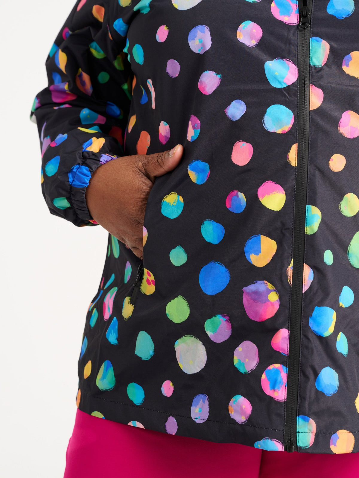 Zee wearing the Night Polka Raincoat in size 3XL, colourful rainbow spotted waterproof raincoat
