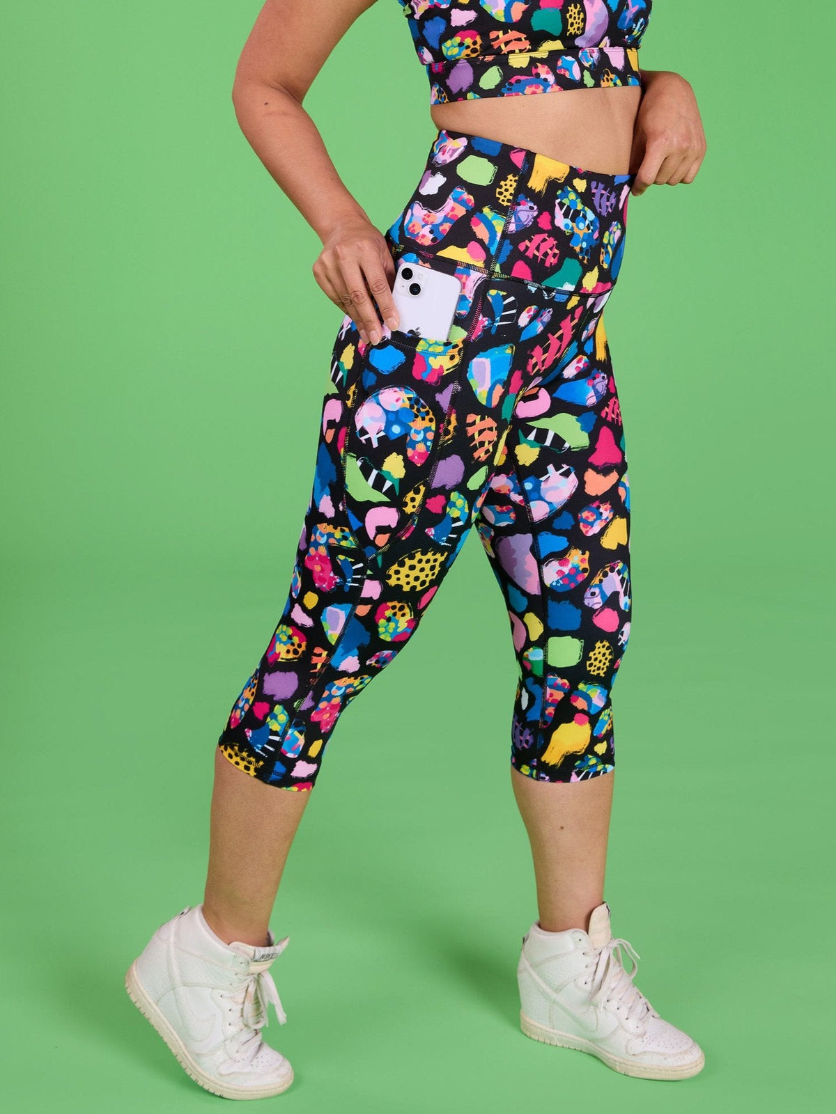 Patchwork Leopard Everyday Cropped Legging - 3/4 length - high waisted running cropped leggings with pockets