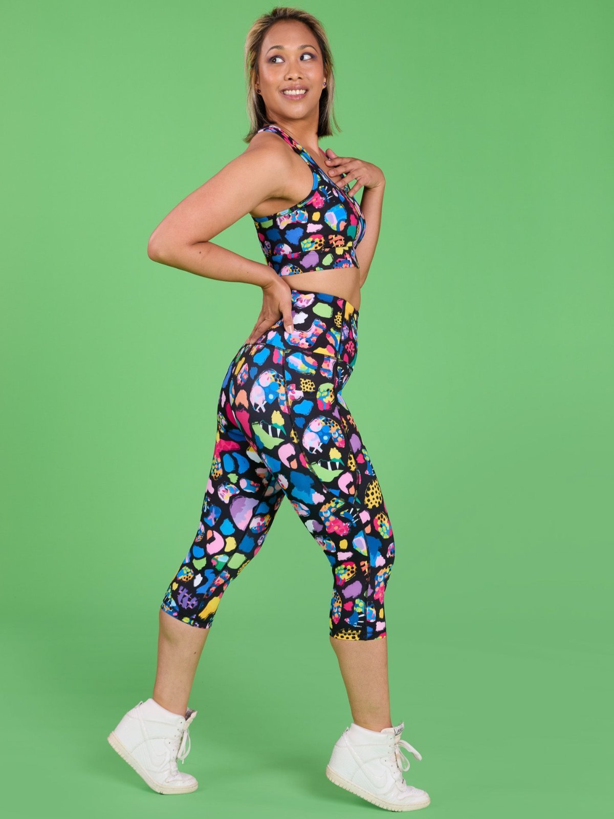 Patchwork Leopard Everyday Cropped Legging - 3/4 length - high waisted cropped leggings with pockets