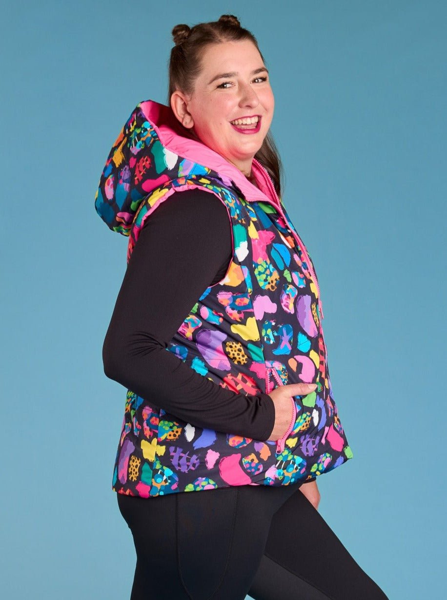 Patchwork Leopard Reversible Hooded Puffer Vest- Adults - Colourful puffer vest with hood