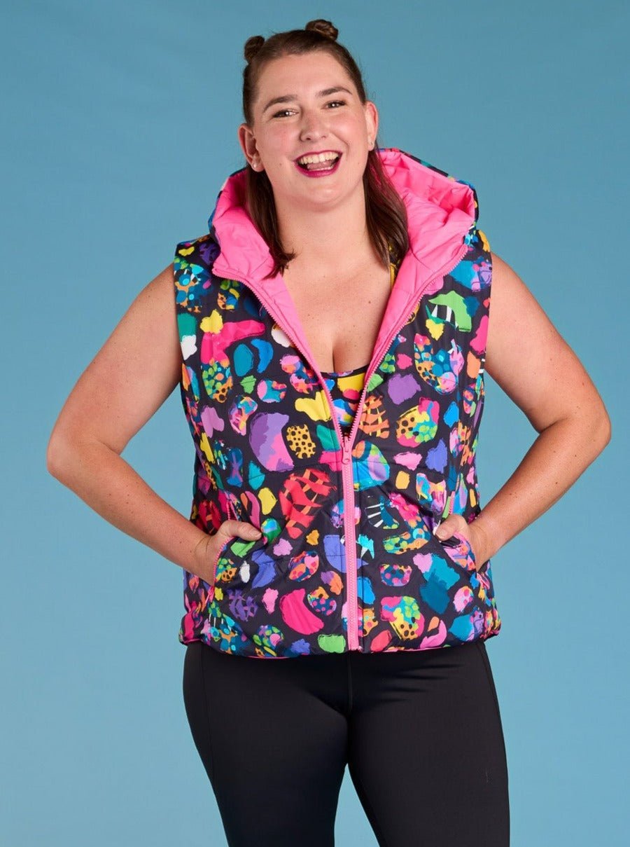 Patchwork Leopard Reversible Hooded Puffer Vest- Adults - Leopard print puffer vest plus size