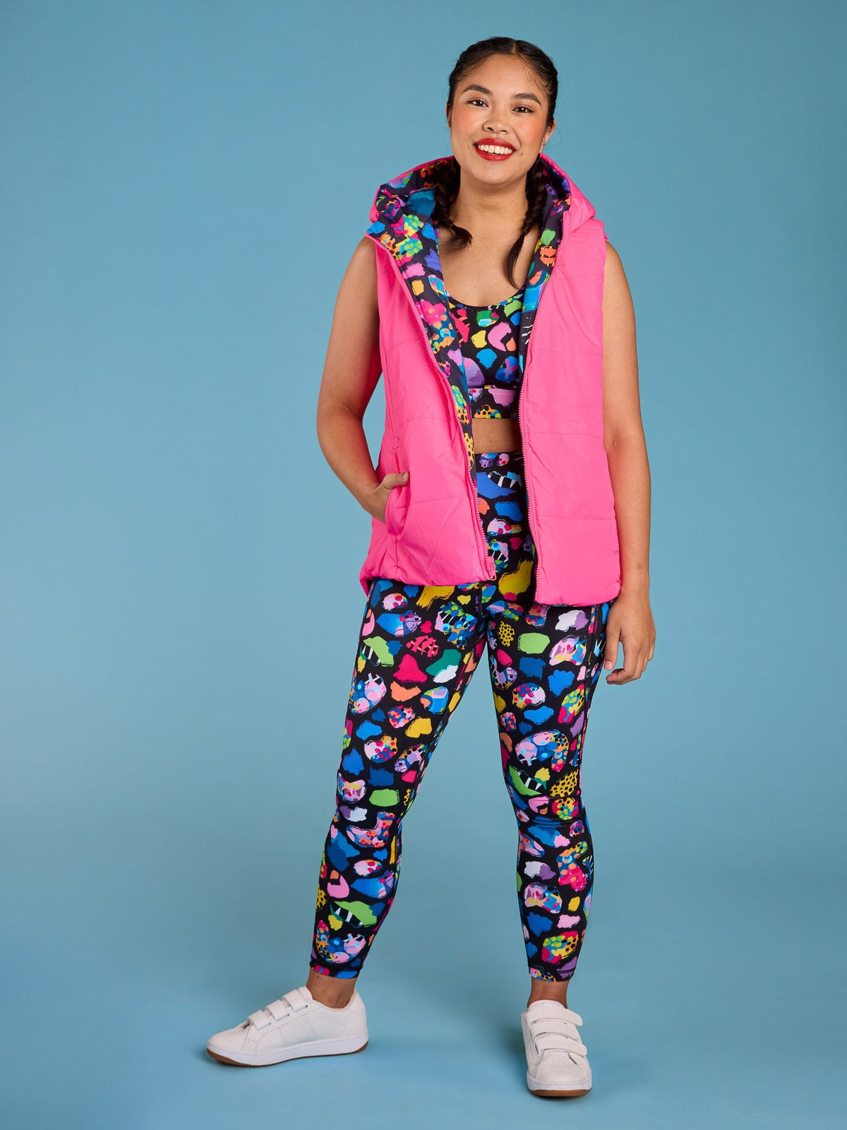 Patchwork Leopard Reversible Hooded Puffer Vest- Adults - Neon pink puffer vest plus size