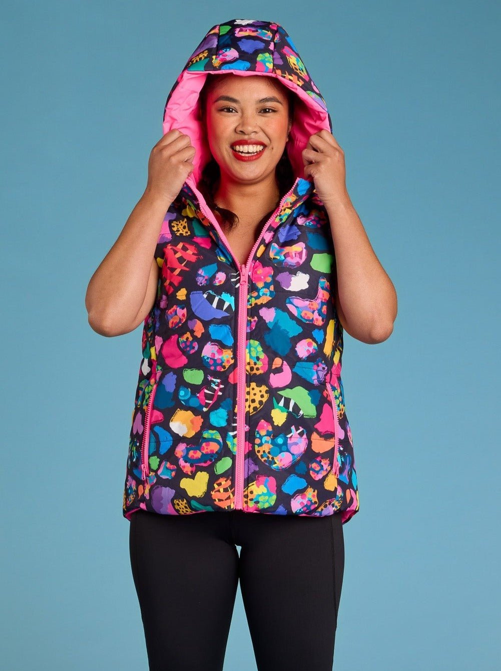 Patchwork Leopard Reversible Hooded Puffer Vest- Adults - Colourful puffer vest with hood