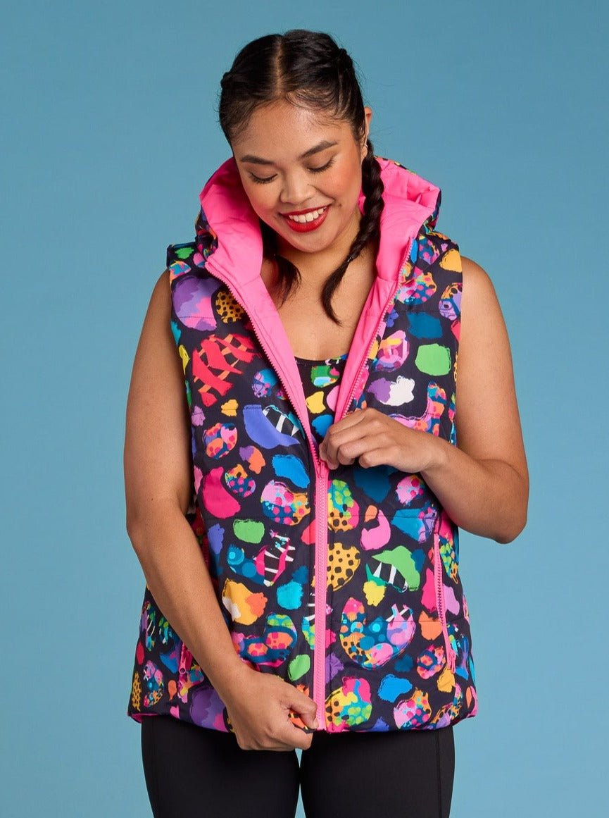 Patchwork Leopard Reversible Hooded Puffer Vest- Adults - Leopard print reversible puffer vest