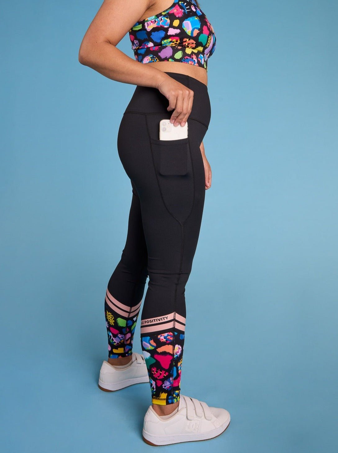 Patchwork Leopard Sprinkle Positivity Legging - Full Length - black high waisted leggings with pockets