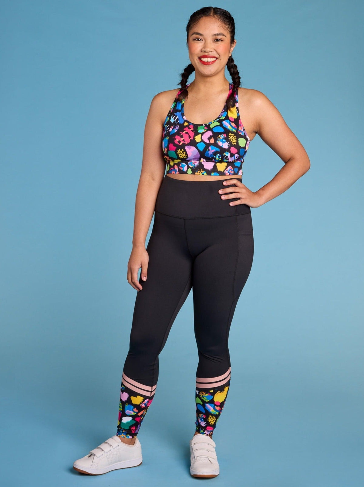 Patchwork Leopard Sprinkle Positivity Legging - Full Length - super high waisted black leggings with pockets plus size