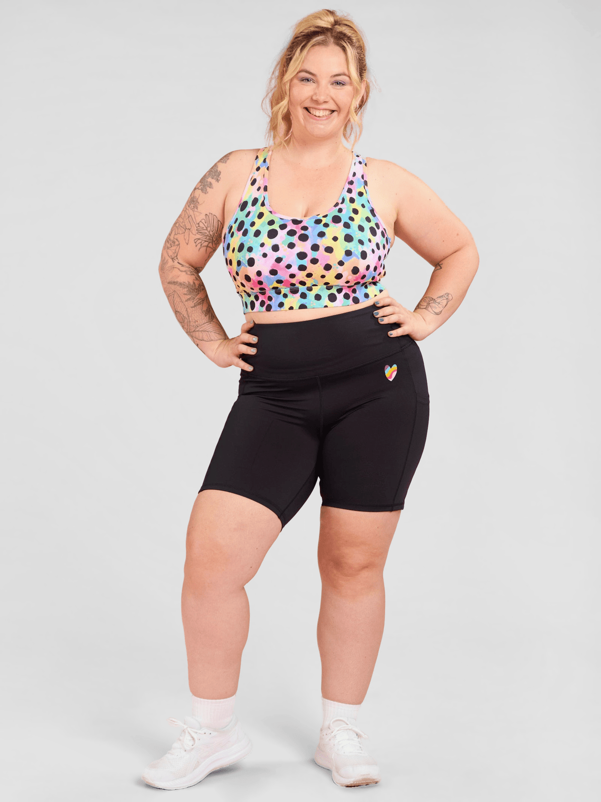 Everyday Black Shortie Shorts- extra high waisted short black bike shorts plus size, worn by Tahlia