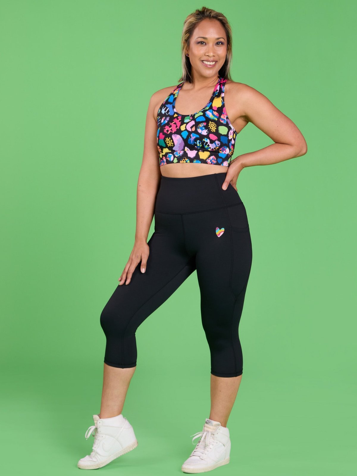 Rainbow at Heart Everyday Cropped Legging - 3/4 length - high waisted running cropped black leggings with pockets