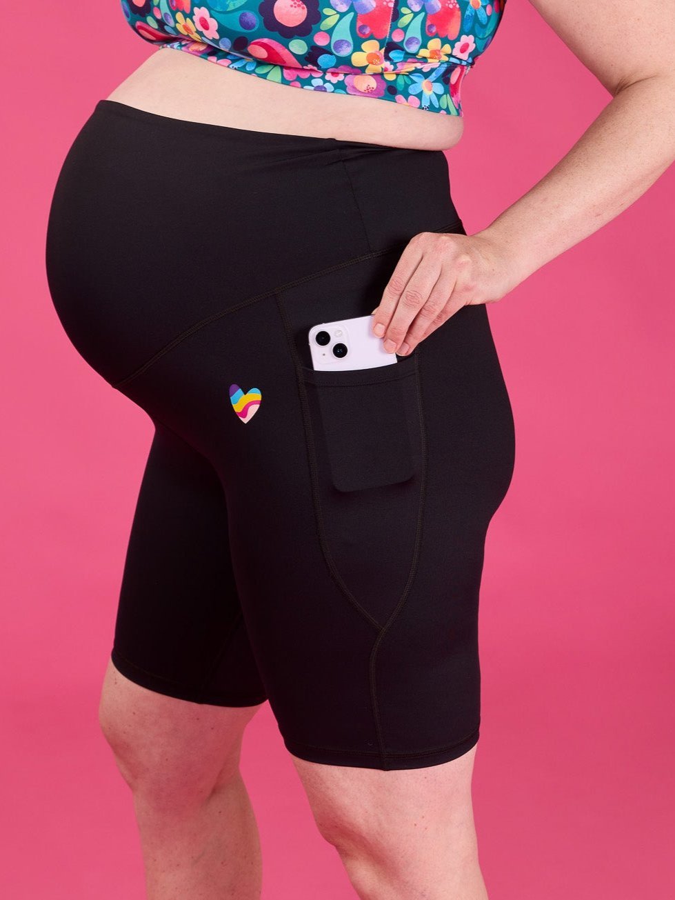 Rainbow at Heart Maternity Bike Shorts - over the bump black maternity shorts with pockets