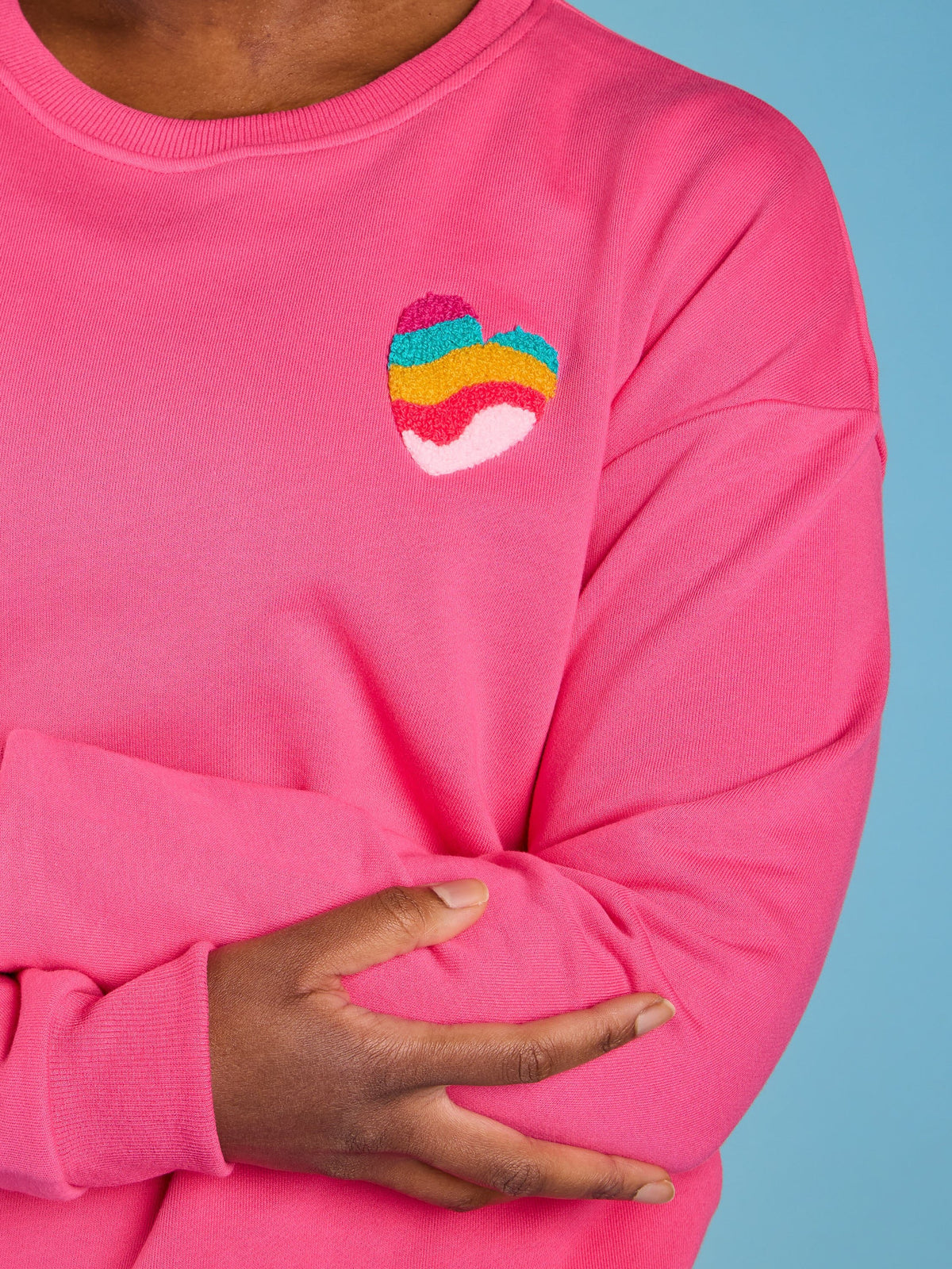 Rainbow at Heart Organic Cotton Sweatshirt - Dolly Pink - pink jumper with embroidered love heart