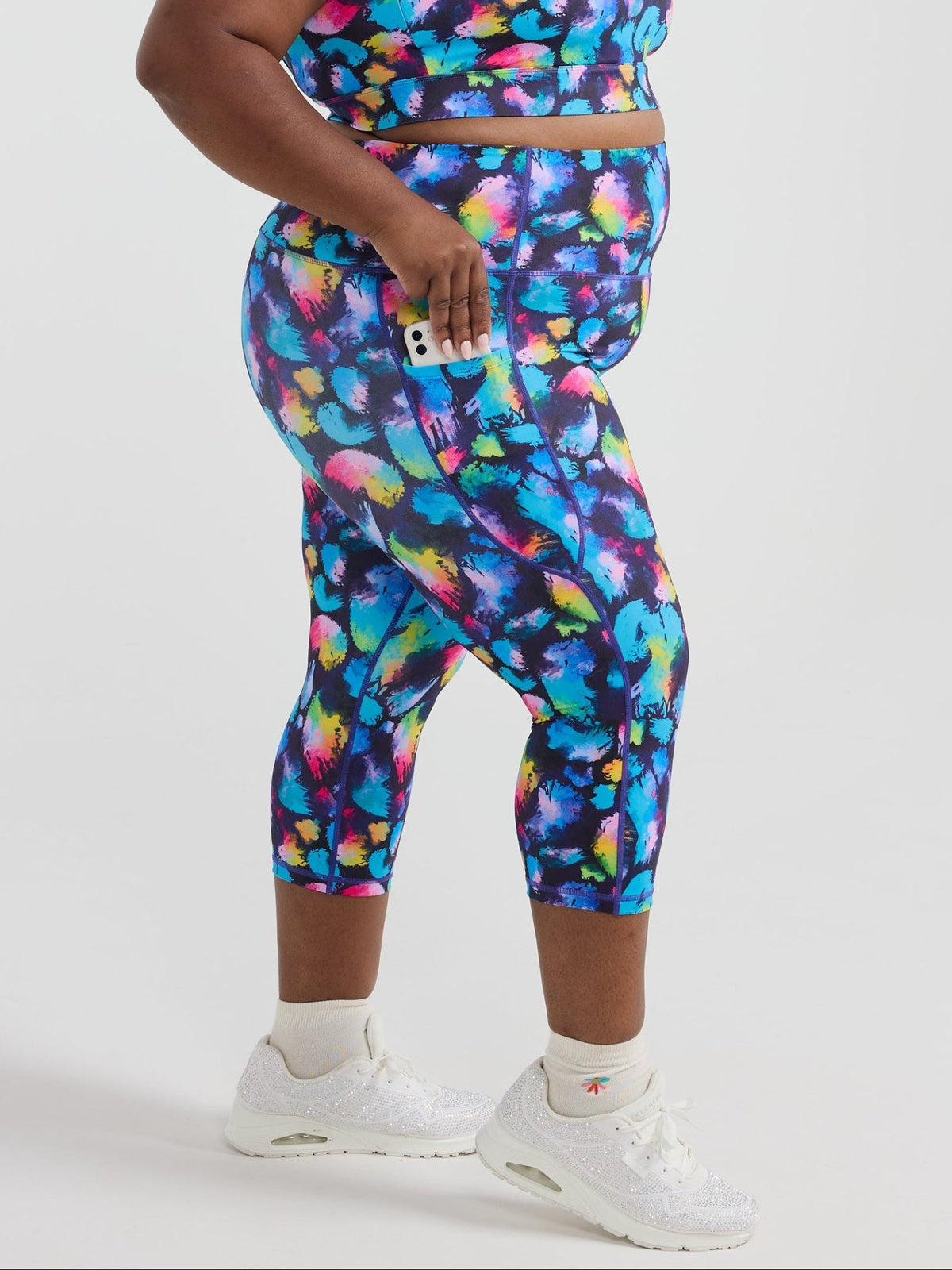 Rainbow Splatter Everyday Cropped Legging - 3/4 length - colourful cropped leggings with pockets plus size