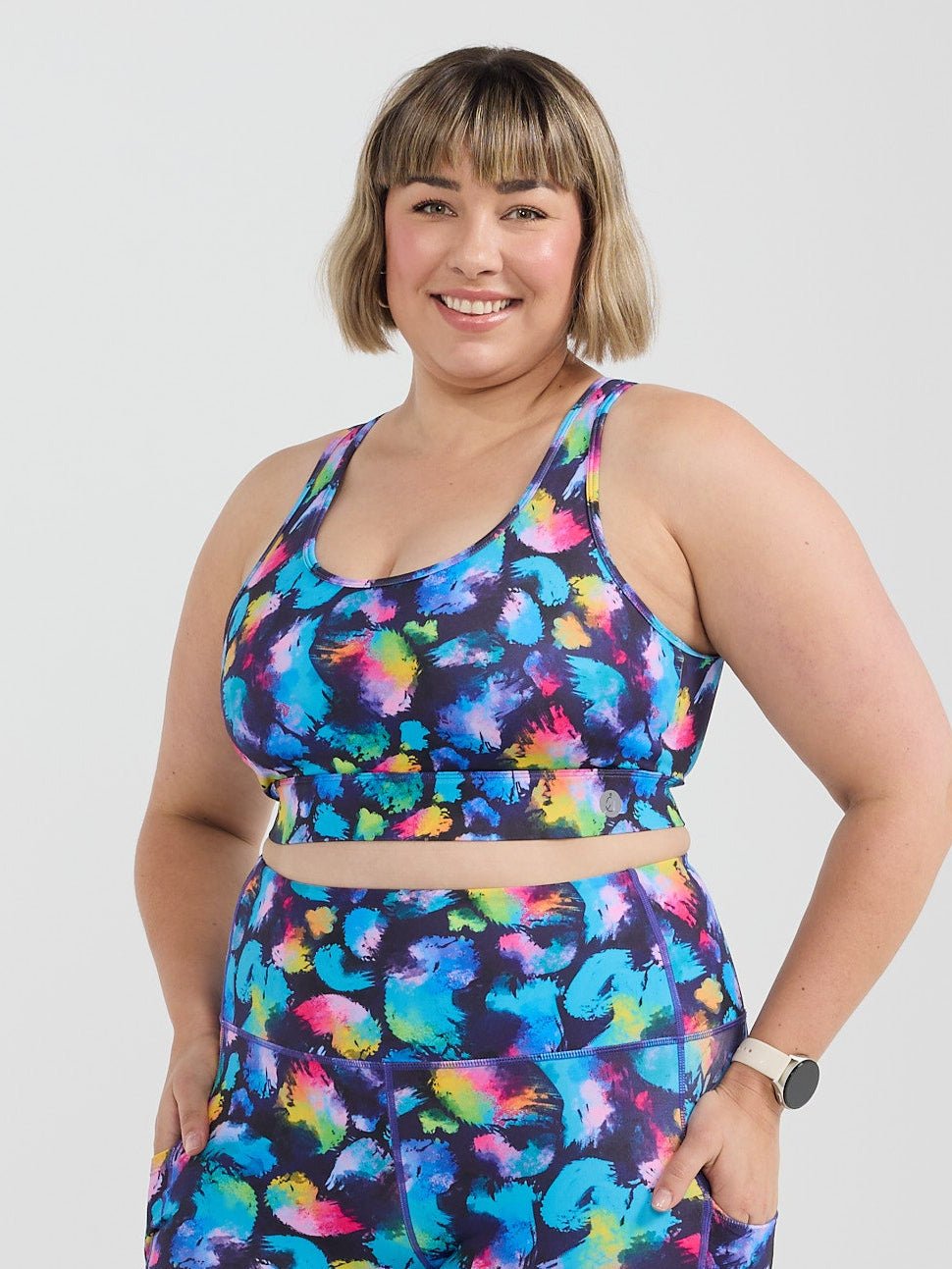 Rainbow Splatter Liberty Hookback Crop - High impact zip sports bra for big bust