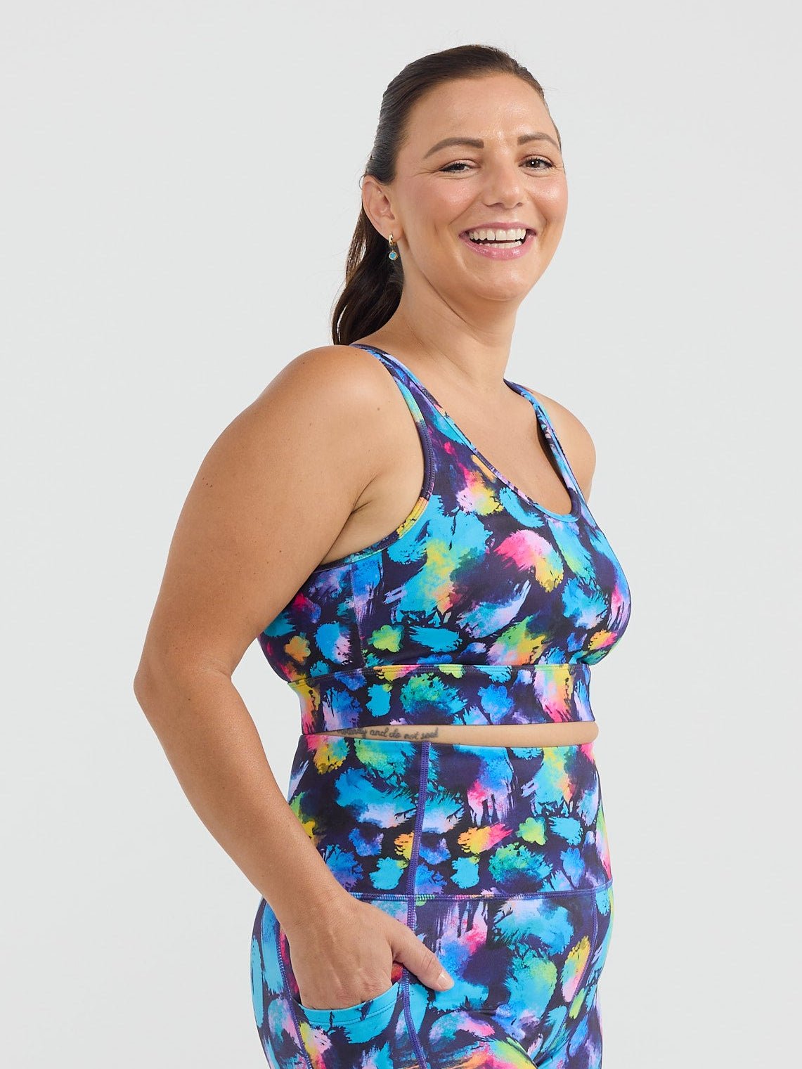 Rainbow Splatter Liberty Hookback Crop - Sports bra sewn in pads