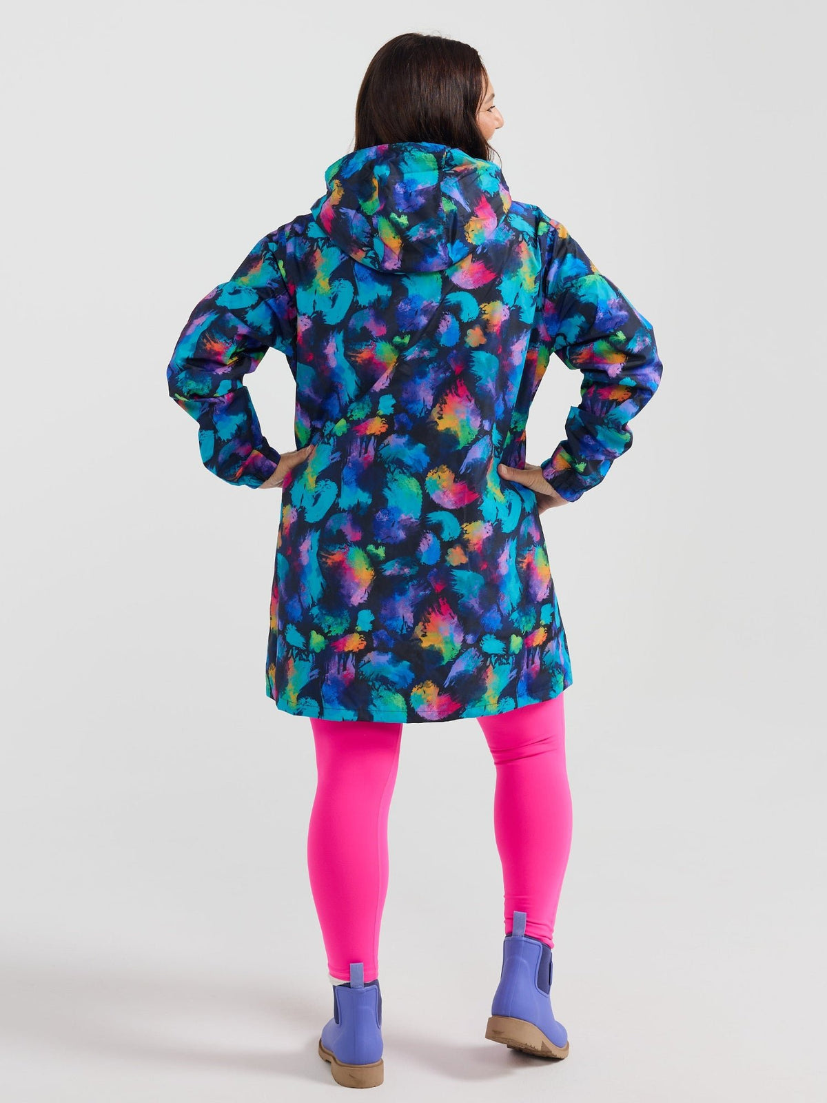 Rainbow Splatter Longline Raincoat - long waterproof raincoat for outdoors