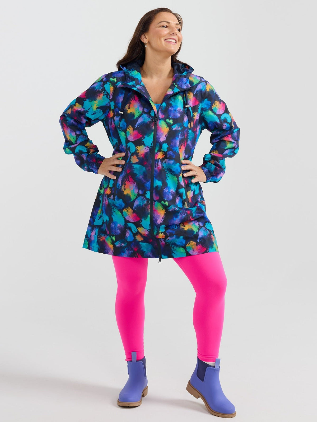Rainbow Splatter Longline Raincoat - colourful longline raincoat for women