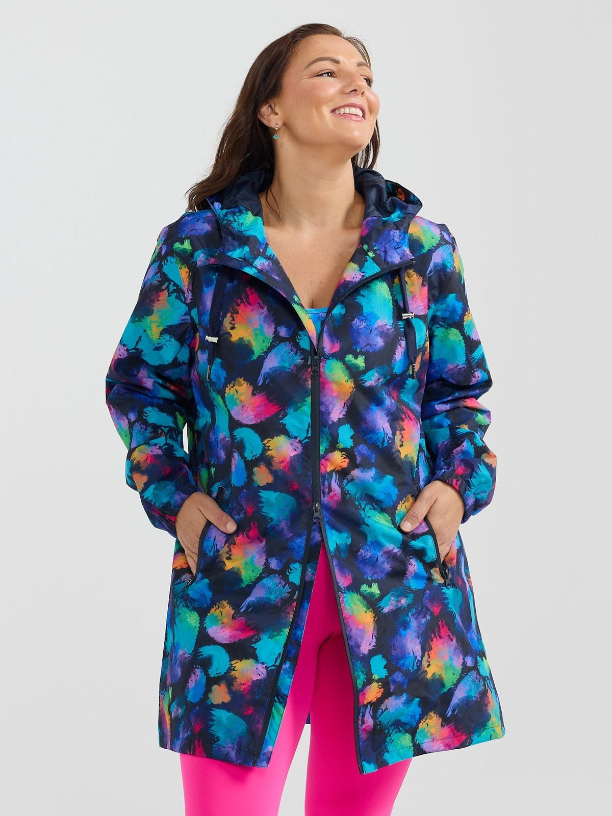 Rainbow Splatter Longline Raincoat - waterproof raincoat with double zip