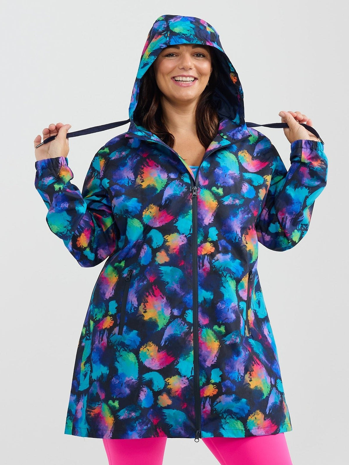 Rainbow Splatter Longline Raincoat - raincoat with adjustable hood