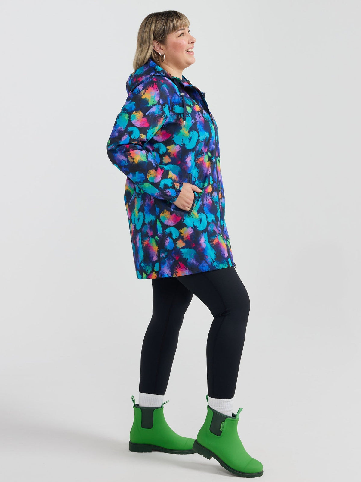 Rainbow Splatter Longline Raincoat - waterproof rain jacket made from recycled plastic bottles