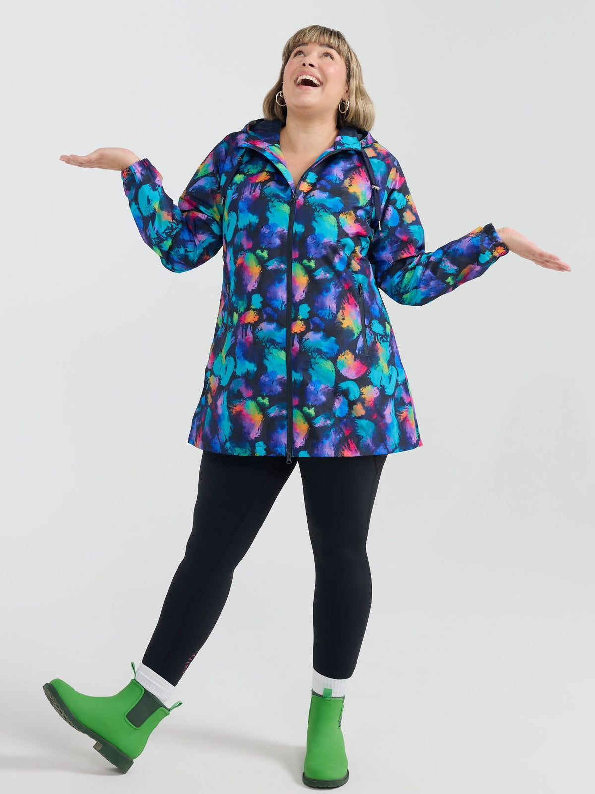 Rainbow Splatter Longline Raincoat - waterproof rain jacket for tall women