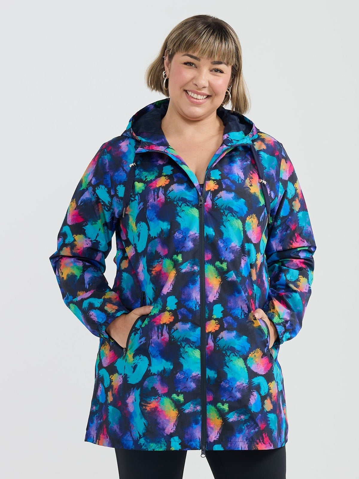 Rainbow Splatter Longline Raincoat - colourful blue lightweight raincoat