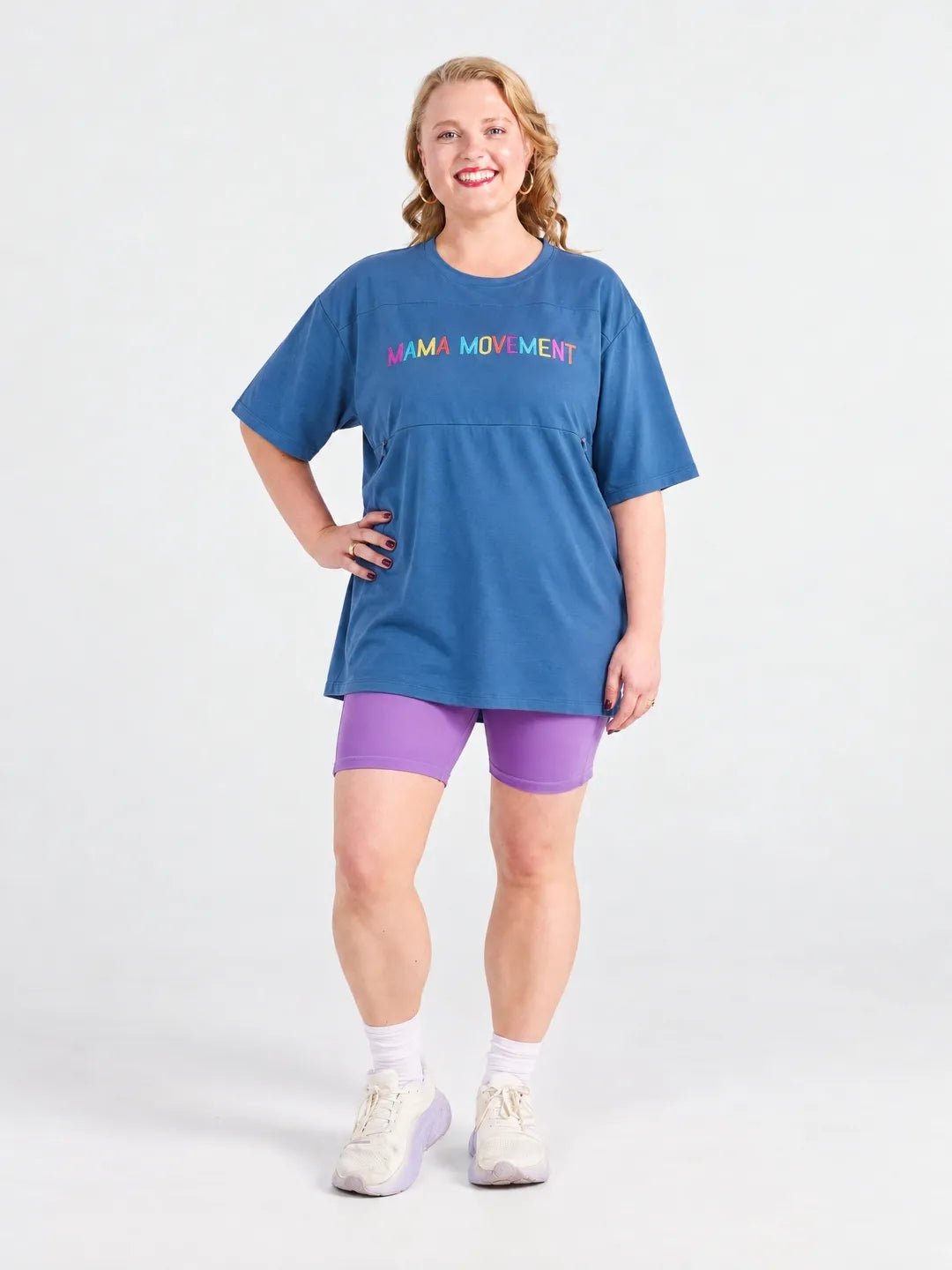 Ruby wearing the Dusty Grape SleekFit Shortie Bike Shorts with an oversized slate blue tee