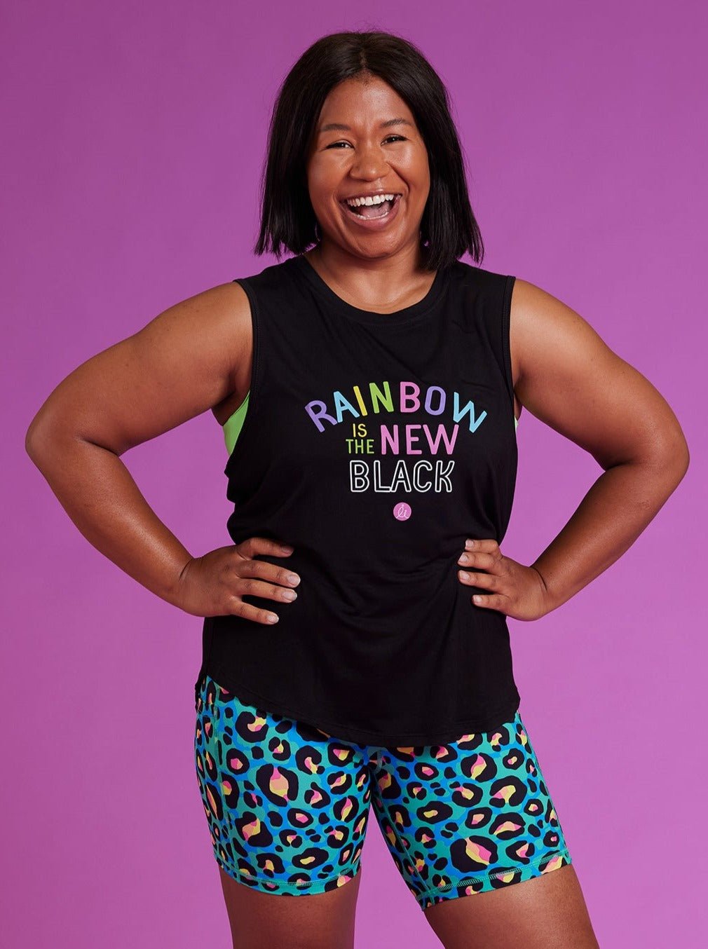 Active Curve Muscle Tank - ‘RAINBOW Is The New Black’ - bamboo tank with positive message short woman