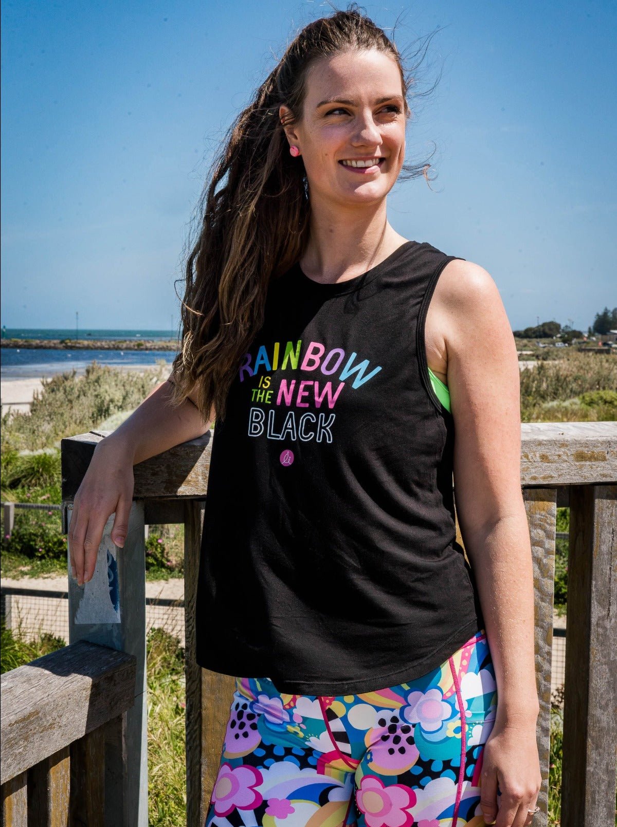 Active Curve Muscle Tank - ‘RAINBOW Is The New Black’ -  bamboo tank with positive message