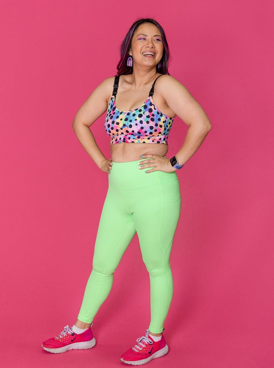 Neon Green Leggings, Solid Bright Lime Green Plus Size High Waist