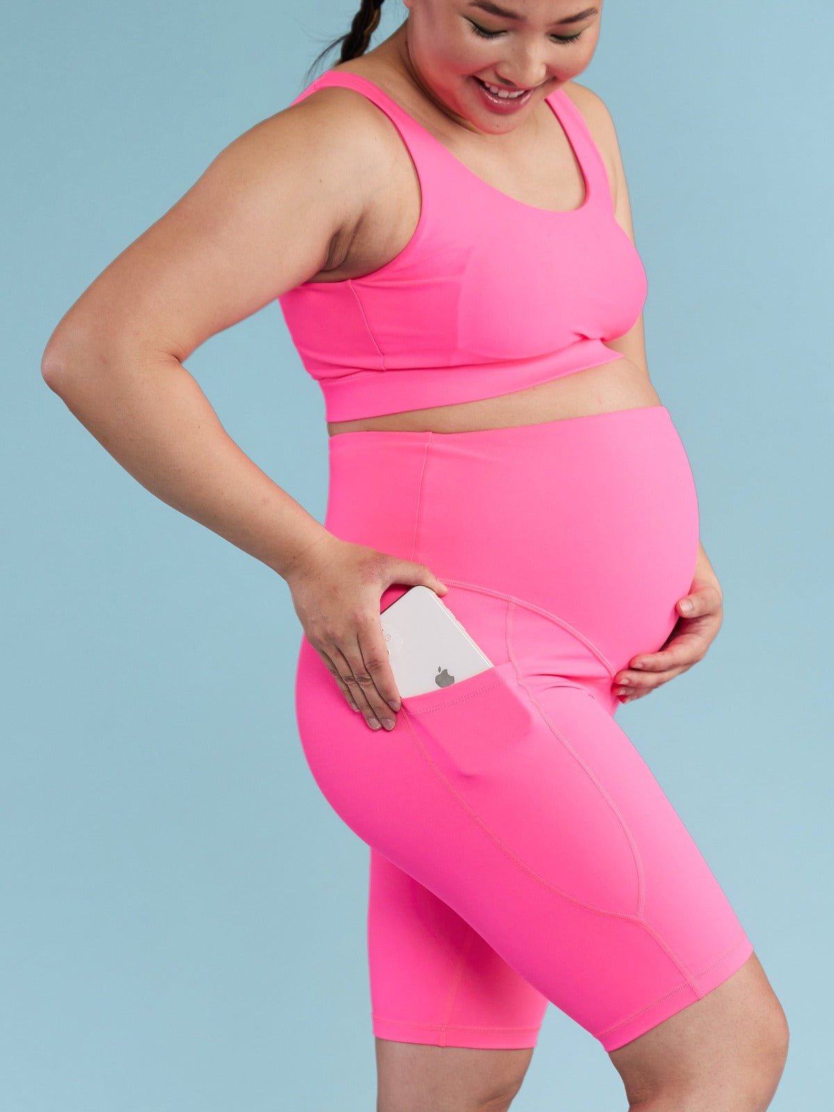 Neon Pink Maternity Biker Shorts - maternity biker shorts with pockets