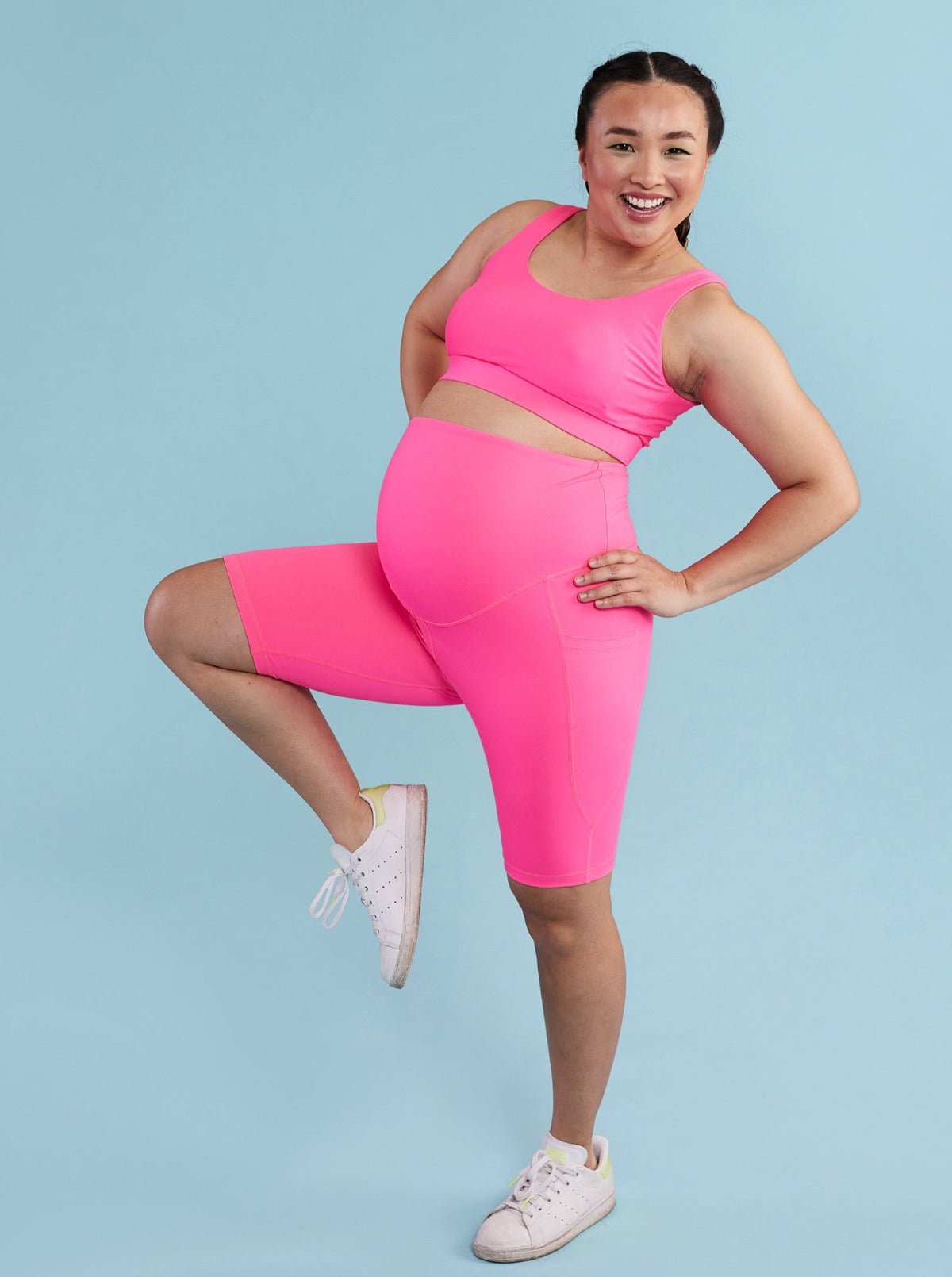 Neon Pink Maternity Biker Shorts - neon pink over the bump pregnancy shorts
