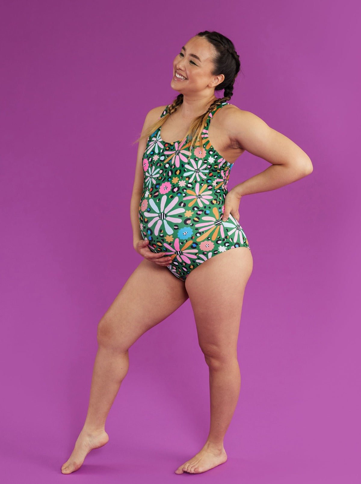 Wild Flower Active Swim One-Piece - pregnant woman in floral swimsuit